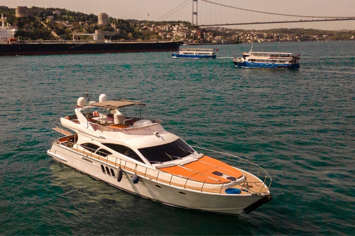 İstanbul Boğaz köprüsü manzaralı, seyir halindeki lüks motor yat.